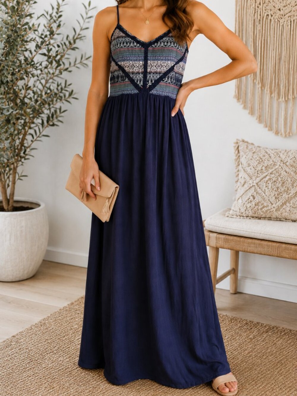 Doe & Rae Women's Blue Boho Maxi Dress with Embroidery, Size L